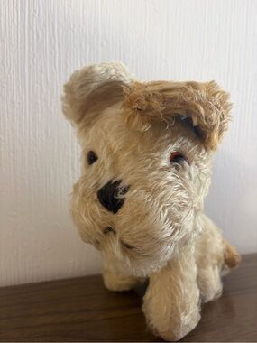 Vintage Merrythought Cream mohair Plush Dog with Brown Accents